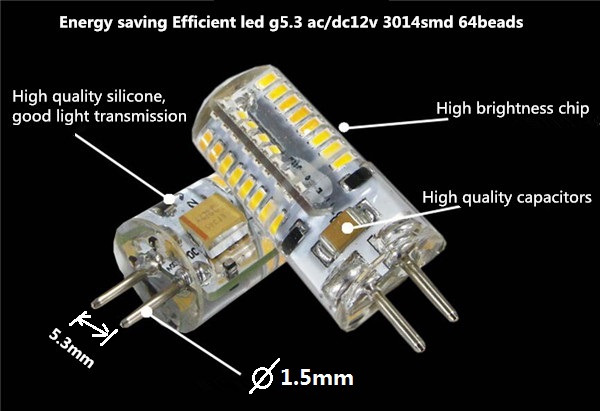 Energy saving Efficient LED GU5.3 12V Silica gel led g5.3 AC12V LED GU5.3 AC12V LED G5.3 DC12V 3014 64beads Replace halogen bulb