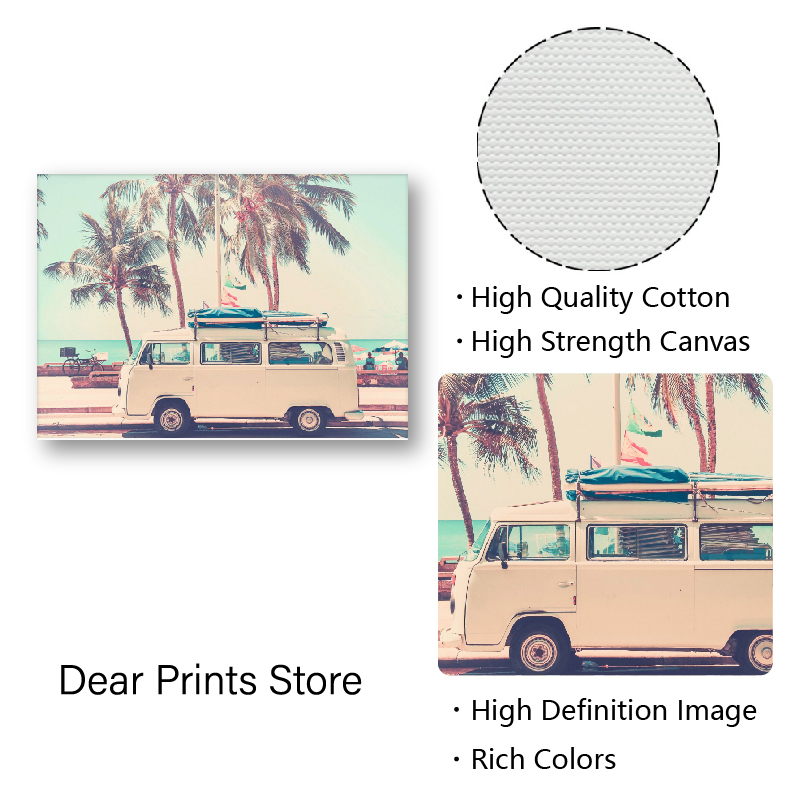 Camper Van Bus Photo Print Travel Poster Boho Decor , Vintage Beach Camper Palm Tree Seascape Picture Wall Art Canvas Painting