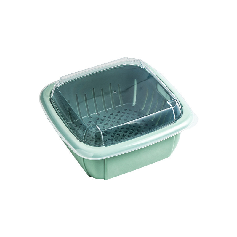 1 PCS Kitchen Double-layer Plastic Sealed Fresh-keeping Box Draining Vegetables Blue Fruit Basket Vegetable Washing Basket
