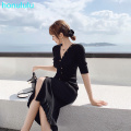 French long slim slim fringed knit short sleeve dress ladies spring and summer 2020 new Joker split tail V-neck dress