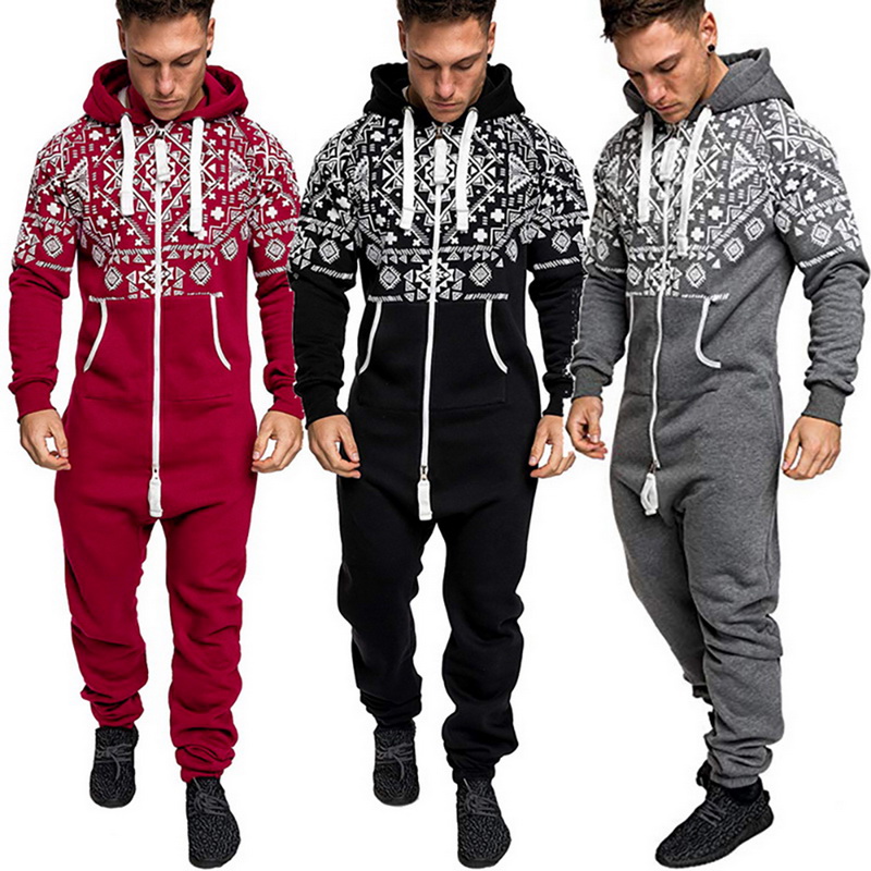 Men's Winter Pajamas Jumpsuit Combinasion Autumn Homewear Casual Hooded Zipper Print Jumpsuit Pajamas Men Hombre Sleepwear