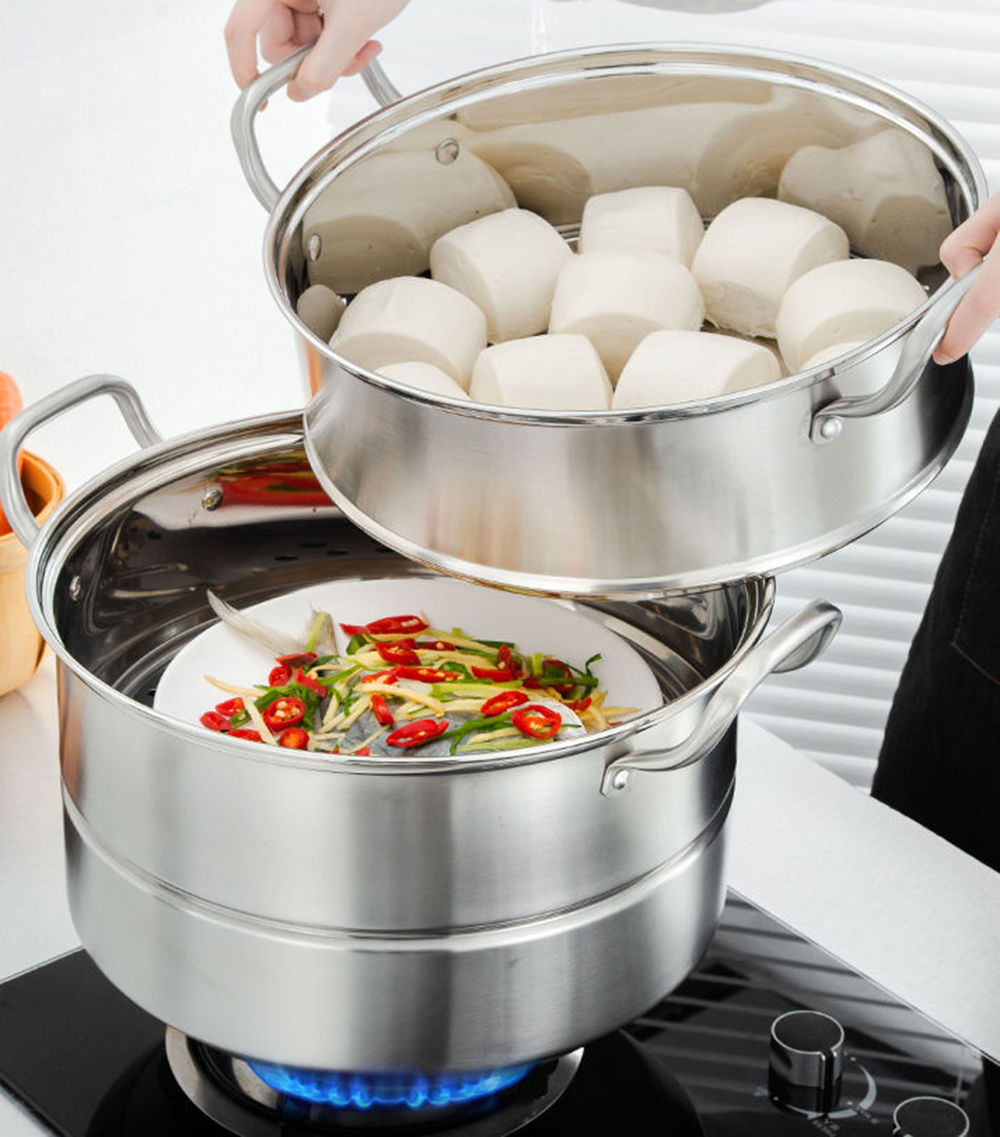 Double Boilers Commercial Steamer Pot 304 Stainless Steel Induction Cooker Soup Pot Kitchen Energy-saving Steamer Cookware Stew