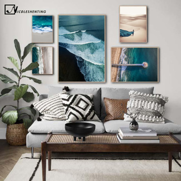 Beautiful Aerial View Ocean Waves Pier Wall Poster Noridc Art Canvas Print Nature Landscape Painting Seascape Decoration Picture