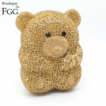 Boutique De FGG Golden 3D Bear Shape Women Crystal Evening Clutch Minaudiere Handbags Ladies Mini Party Purse Wedding Bag