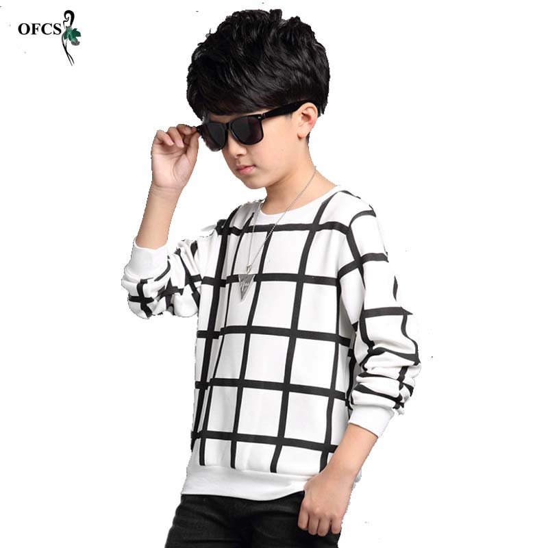 OFCS Autumn Boys Sweater Grid Design Printing Children Knitwear Boys Wool Pullover Sweater Kids Fashion Outerwear T-shirt 5-16 T