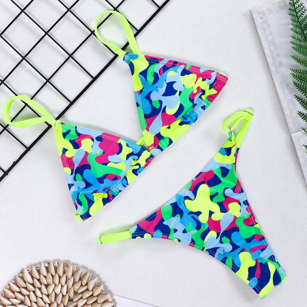 Women's Sexy Bikini Swimsuit Ladies Leopard Print Fluorescent Color Split Bikini Beachwear Push-up Swimwear Swimwear#50