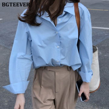 BGTEEVER Casual Loose Women Blouses Shirts Minimalist Single-breasted Female Blue Shirts 2020 Spring Summer Tops Oversized femme