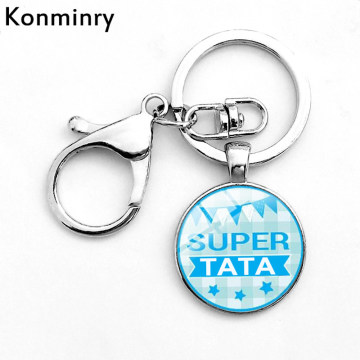 Konminry Hook Meilleur Parrain Glass Keychain Glass Pendant Super Tata Tonton French Letter Art Design Keyring Chain Jewelry