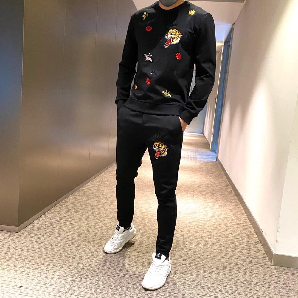 New design high quality heavy craft embroidery men's Tracksuit hoodie+brand casual trousers 2-piece sweatshirt suit