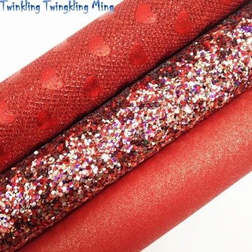 RED Glitter Fabric,Mesh Glitter Fabric with Hearts, Synthetic Leather Fabric Sheets For Bow A4 21x29CM Twinkling Ming XM686