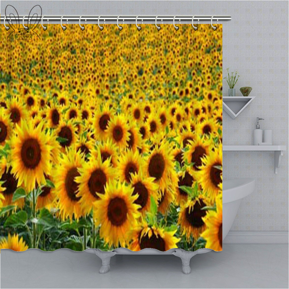 Yellow Country View Bathroom Curtain Sunflower Printed Shower Curtain Polyester Fabric Bathtub Curtain Bathroom Shower Sets