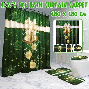 1/3/4 PCS Merry Christmas Bathroom set Green Christmas Bells Pattern Waterproof Shower Curtain Toilet Cover Mat Non Slip Rug