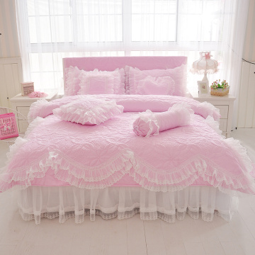 100%Cotton Thick Quilted lace Bedding set King queen Twin size Bed set Princess Korean Girls White Pink Bed skirt set Pillowcase