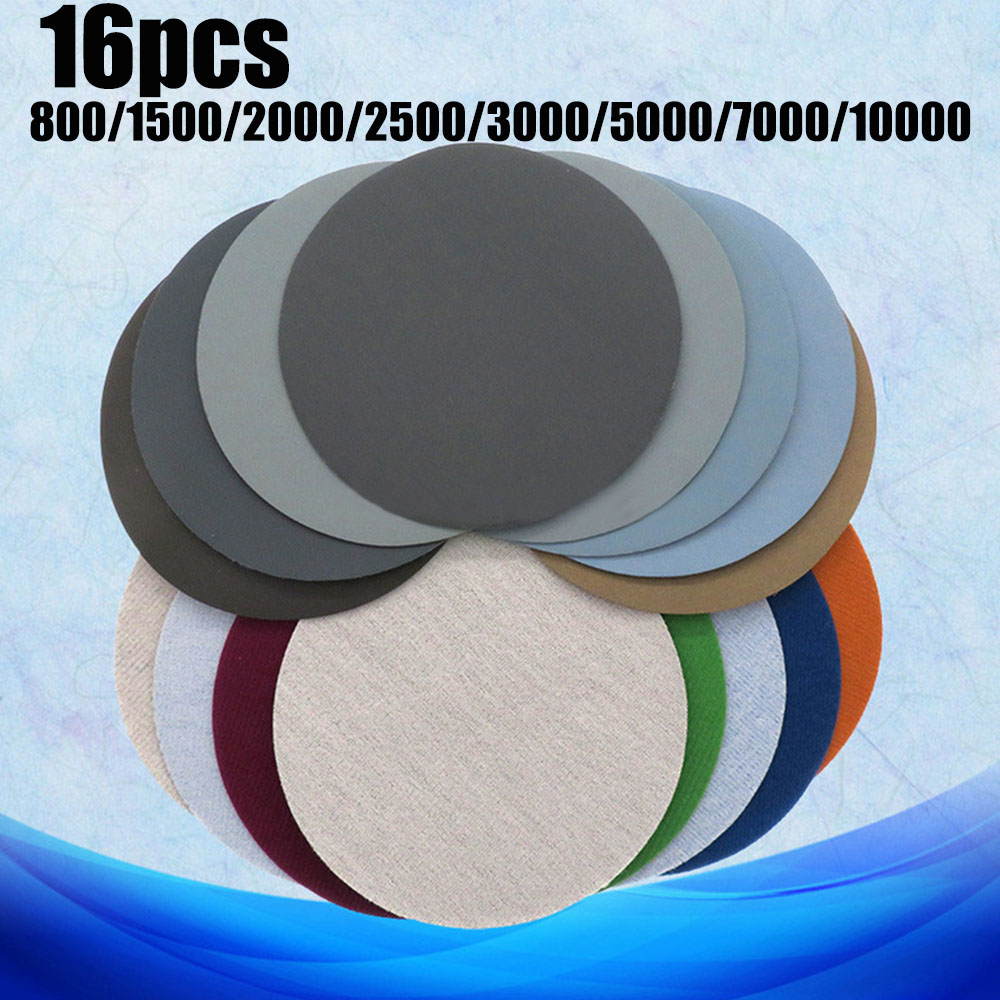 16pcs Sandpaper Sanding Discs 5inch 125MM Round Wet Water Hook & Loop 800/1500/2000/2500/3000/5000/7000/10000 Grit High Quality