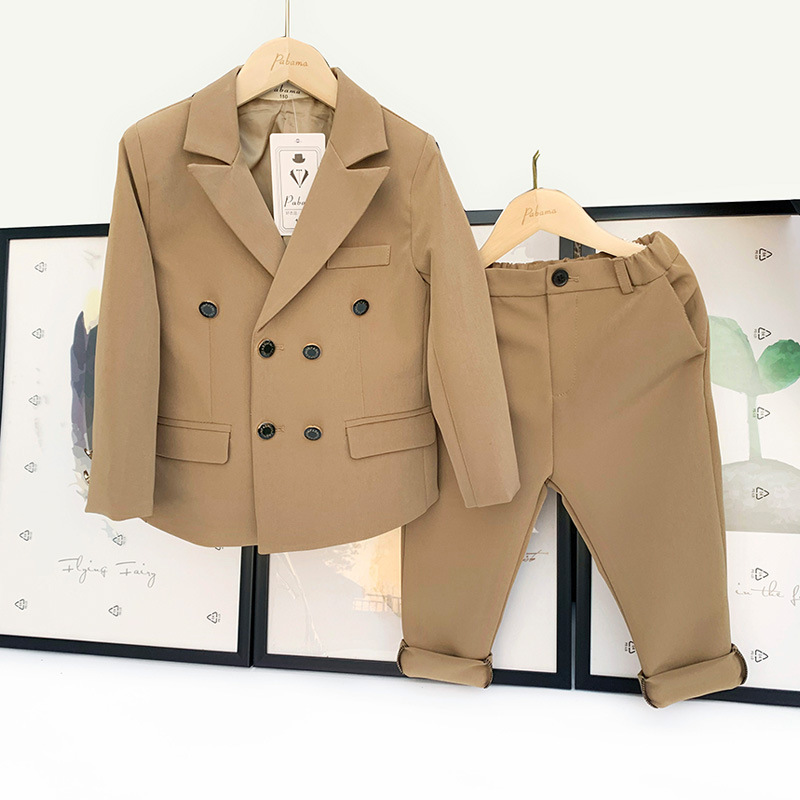 Spring Autumn Boys Double Breasted Suit Set Children Fashion Blazer + Pants 2pcs Outfit Kids Party Host Birthday Dress Costume