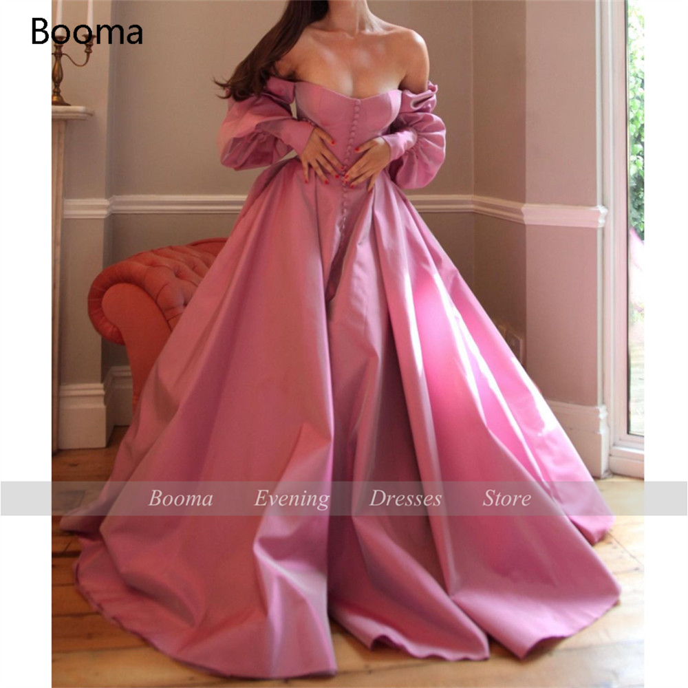 Booma Elegant Pink Prom Dresses Bishop Sleeves High Slit Taffeta Evening Dresses Sweetheart A-line Long Party Gowns with Buttons