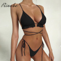 Rinabe Sexy Bikini Ruffle Swimsuit Women Deep V Neck Swimwear Solid Biquini 2020 String Bikini Set Bathing Suit Women Beackwear