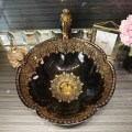 Flower shape Jingdezhen factory directly ceramic hand painted hand wash basin bathroom sinks black with gold pattern LO613424