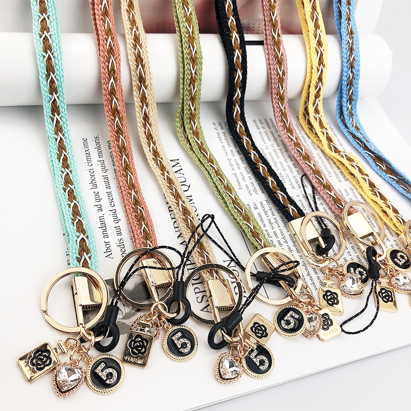 Braided Lanyard Neck Strap For Mobile Phones Charm With Bling Metal Rhinestone Keychain ID Cards Badge Holder Accessories