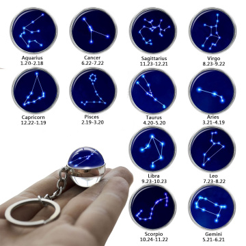 12 Constellation Keychain Fashion Double Side Cabochon Glass Ball Keychain Zodiac Signs Keyring Key Chains Jewelry Birthday Gift