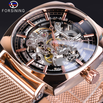 Forsining Rose Golden Square Men's Mechanical Watch Transparent Skeleton Steel Mesh Band Unisex Dress Automatic Clock Wristwatch