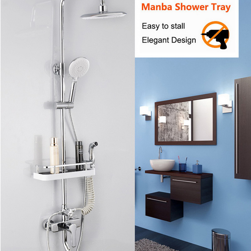 Shower Storage Rack Organizer Bathroom Pole Shelves Shampoo Tray Stand Single Tier No Drilling Lifting Rod Shower Head Holder