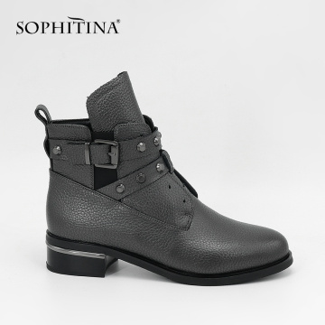 SOPHITINA Woman Ankle Boots High Quality Round Toe Low Square Heels Lady Shoes Genuine Leather Handmade Rivet Zipper Boots SL24