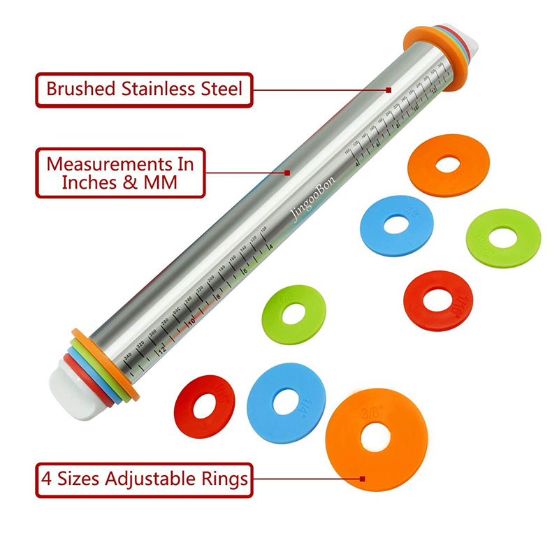 Adjustable Stainless Steel Rolling Pins 4 Removable Thickness Rings Pastry Mat for Dough Pizza Pastry Pie Cookies Bakeware Tool