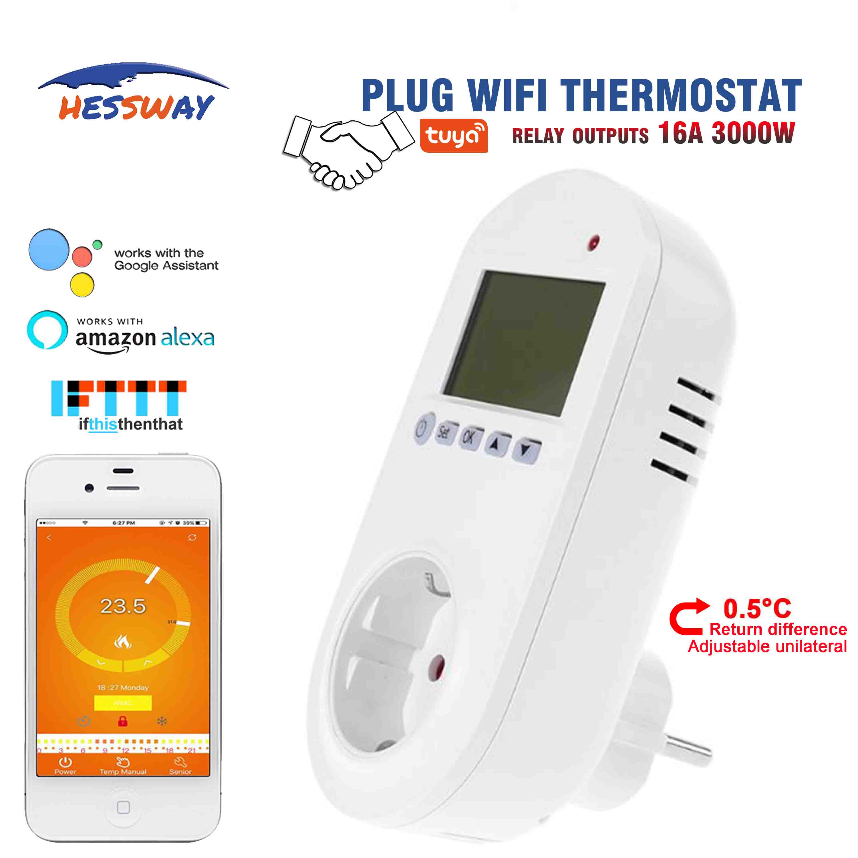 HESSWAY TUYA WIFI plug socket Smart Home HVAC Heating Thermostat for 16A infrared wire, warm floor