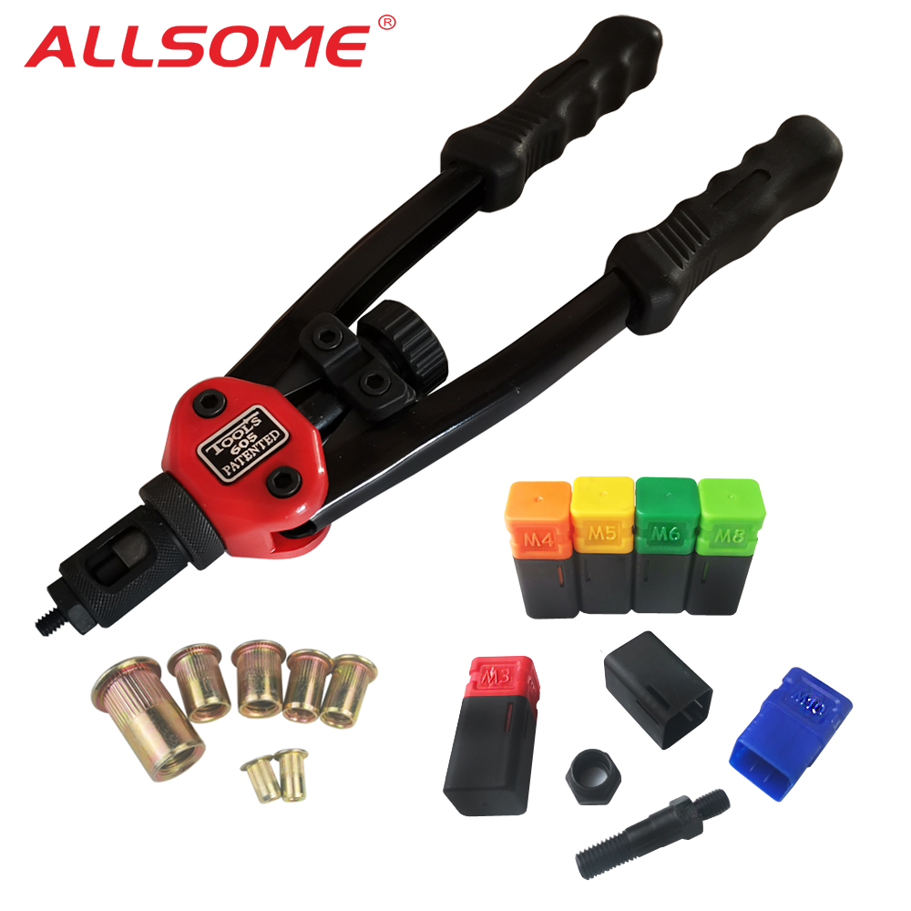 ALLSOME BT-605 RIVET NUT TOOL Hand Blind Riveter Hand Riveter Rivet Gun with 6 Metric Mandrels 60pcs Rivnuts