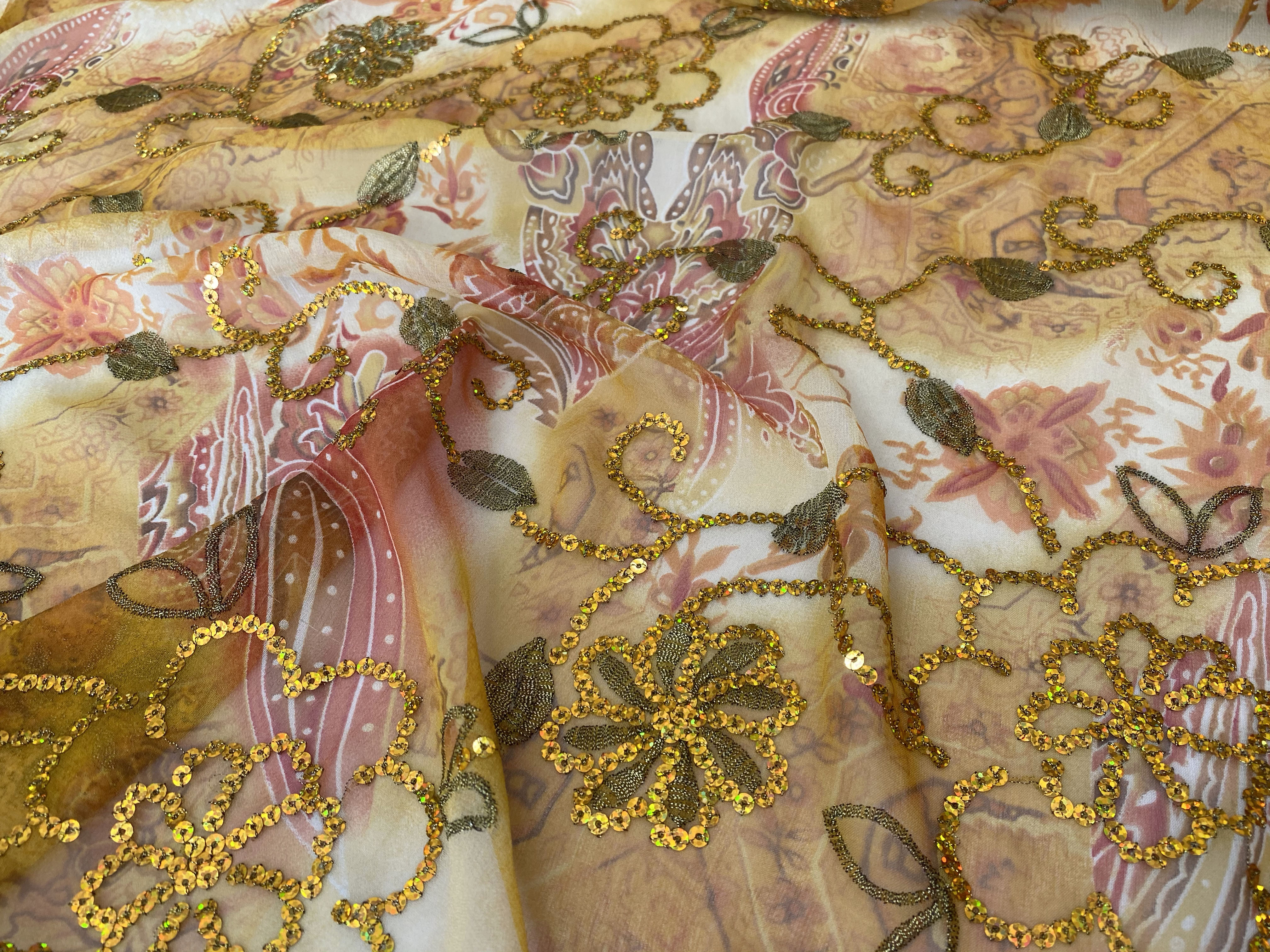 100cm*110cm Sequins Embroidery Silk Georgette Chiffon Gauze Quality Dress Fabric Silk Lace
