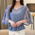 New Chiffon Blouse 2021 Summer Full Cotton Edge Lace Blouses Shirt Butterfly Flower Half Sleeve Women Shirt Fashion 4073 50