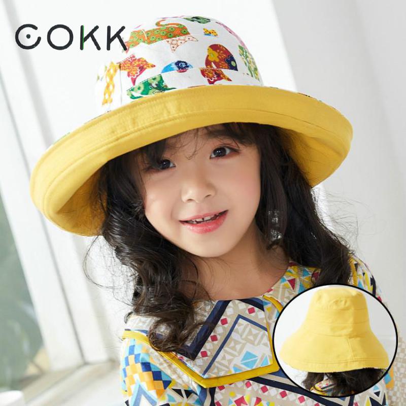 COKK Children Spring Summer Hats For Girls Cartoon Double Side Bucket Hat Kids Fishing Hat Cotton Wide Brim Outdoor Beach Hat