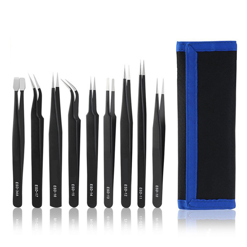 6/9/10Pcs ESD Tweezers Set Stainless Steel Anti-static Precision Tweezers Repair Tool Kit for Electronic Watch Mobile Phone