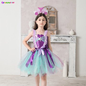 Girls Mermaid Tutu Dress Sparkly Starfish Under The Sea Birthday Party Dresses for Kids Halloween Cosplay Mermaid Costume