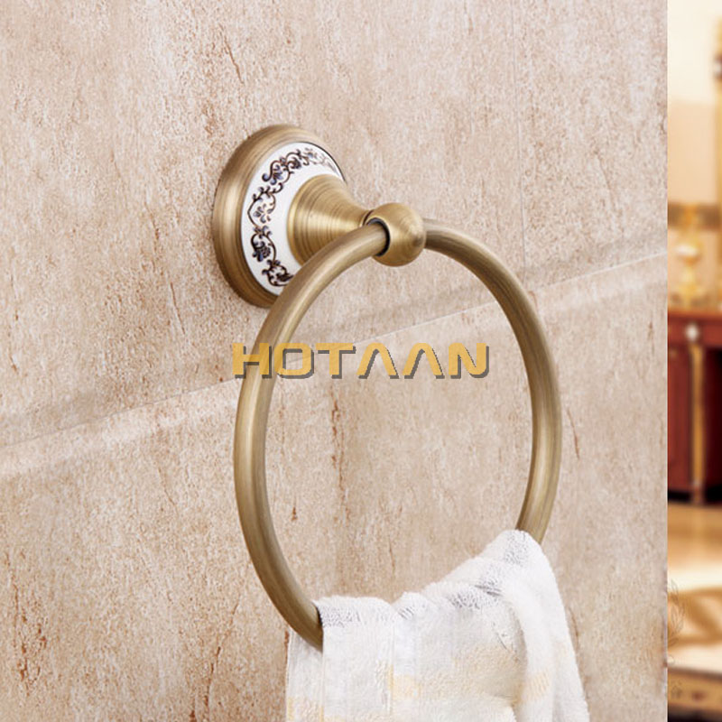 FREE SHIPPING, Bathroom towel holder, solid brass Wall-Mounted Round antique brass Towel Ring with ceramic,Towel Rack,YT-11591