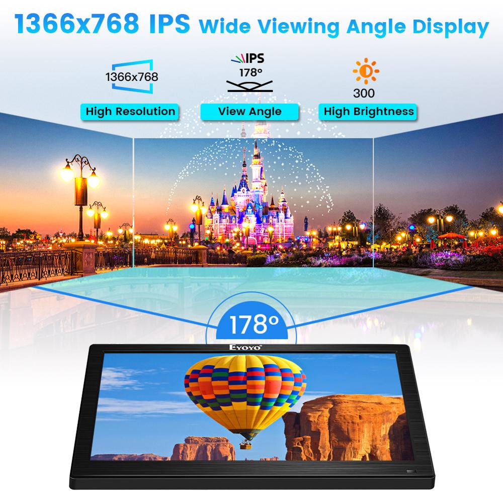 Eyoyo 12" IPS 1366x768 HD Monitor CCTV Display LCD Screen with USB HDMI VGA AV BNC Audio Remote Control for Security Camera