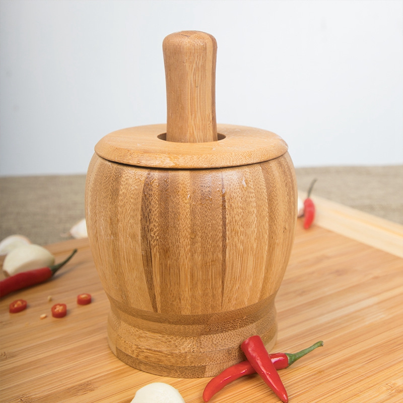 Pestle Grinding Bowl Set Bamboo Mortar And Pestle Pedestal Bowl Garlic Pot Spice Pepper Mill Tools Kitchen Tools