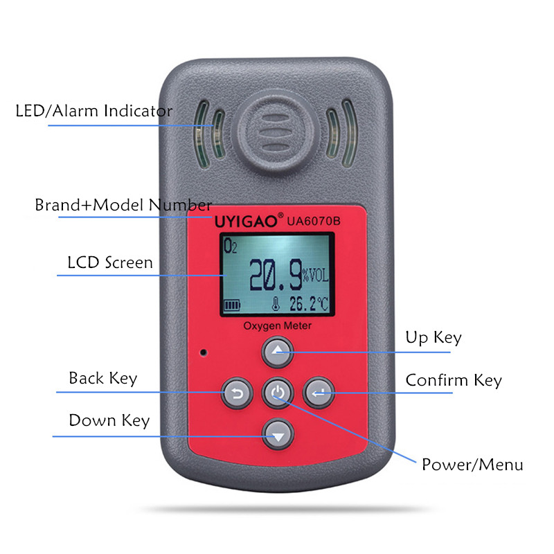 UYIGAO UA6070B Digital Oxygen Detector Portable Gas Analyzer Monitor Mini Gas Leak Detector O2 Tester 0-25%