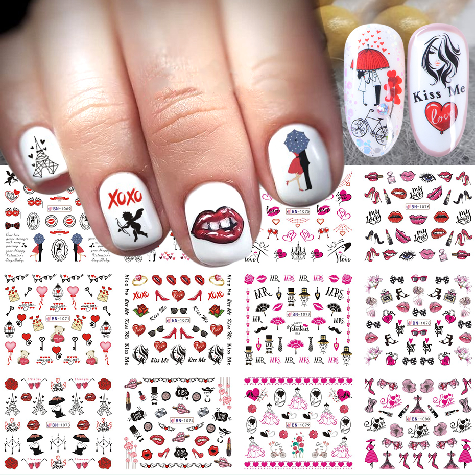 12pcs Nail Art Stickers Valentine Sexy Girl Lips Decals Manicure Transfer Sliders Template Decorations Tips Wrap LABN1069-1080