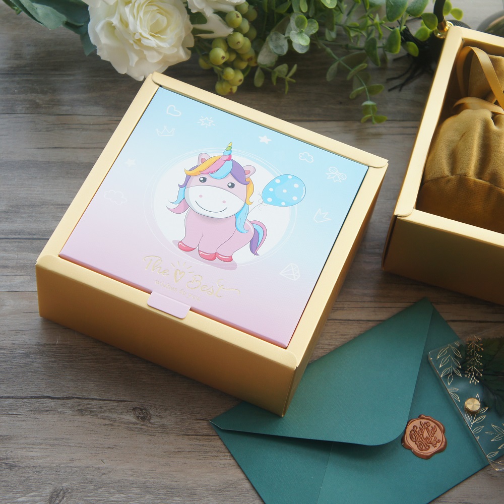 15*15*6.5cm 3set Gold Cute Unicorn Balloon Design Paper Box + Bag As Birthday Baby Shower DIY Gift Packaging Use