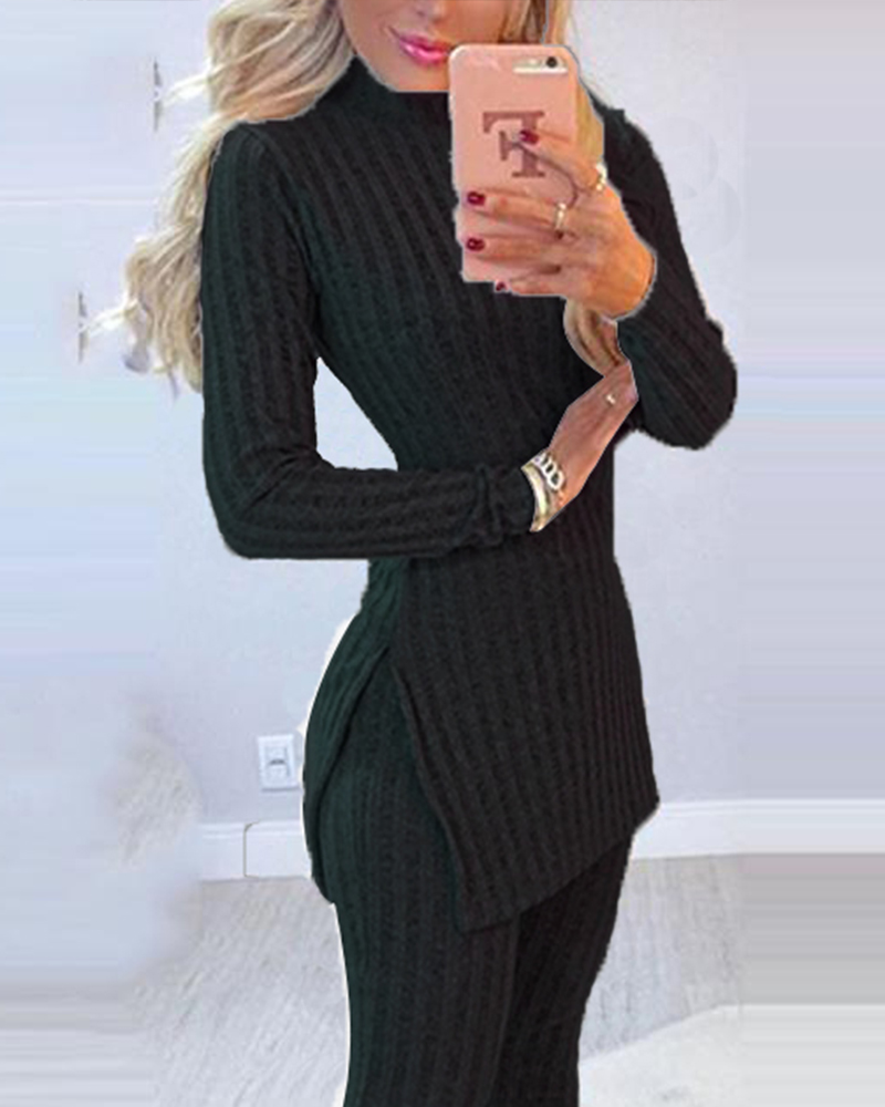 Winter Warm Solid Long Sleeve Slit Knitted Sweater With Skinny Long Pants Suit Women's Elegant 2 Piece Outfits Sets Leotard