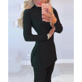 Winter Warm Solid Long Sleeve Slit Knitted Sweater With Skinny Long Pants Suit Women's Elegant 2 Piece Outfits Sets Leotard