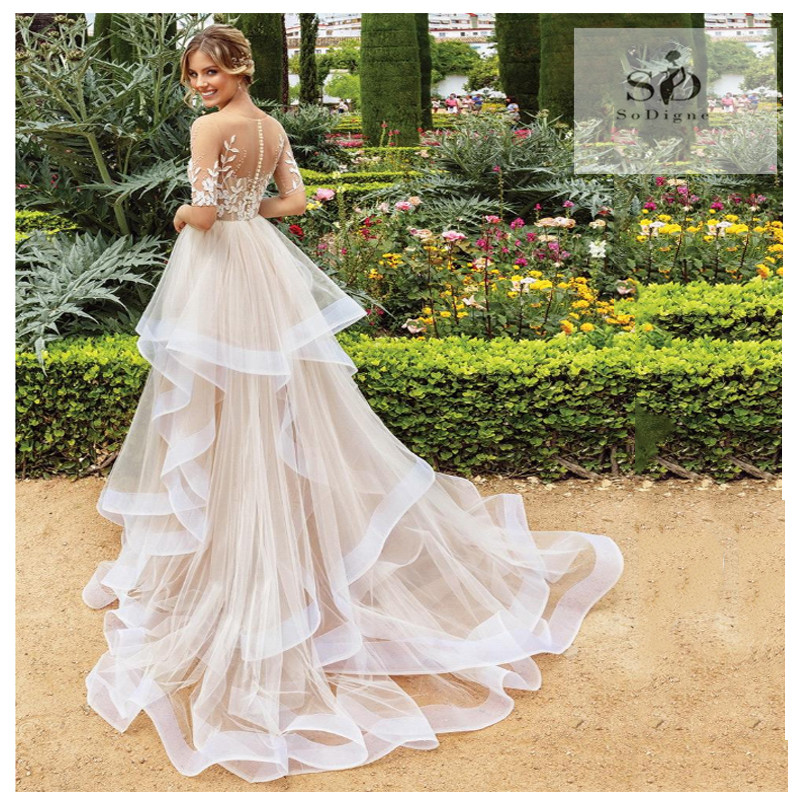 Half Sleeves Champagne Princess Wedding Dress 2019 Boho Illusion A Line Boho bridal gown dress Floor Length Bride Dresses