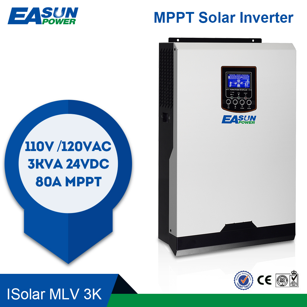 EASUN POWER 110V Solar Inverter Hybrid 3Kva 2400W Off Grid Inverter 24V 120V 80A MPPT Pure Sine Wave Inverter 60A AC Charger