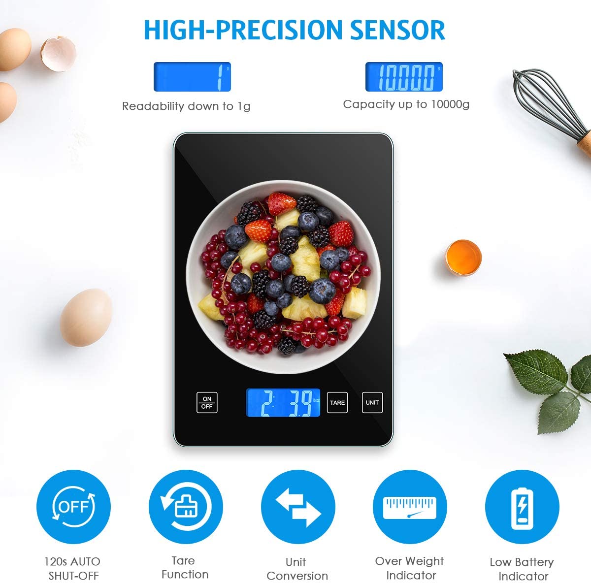 Digital Kitchen Scale 1g-10kg Food Scale Waterproof Tempered Glass Platform High Accuracy Multi-Function Scale