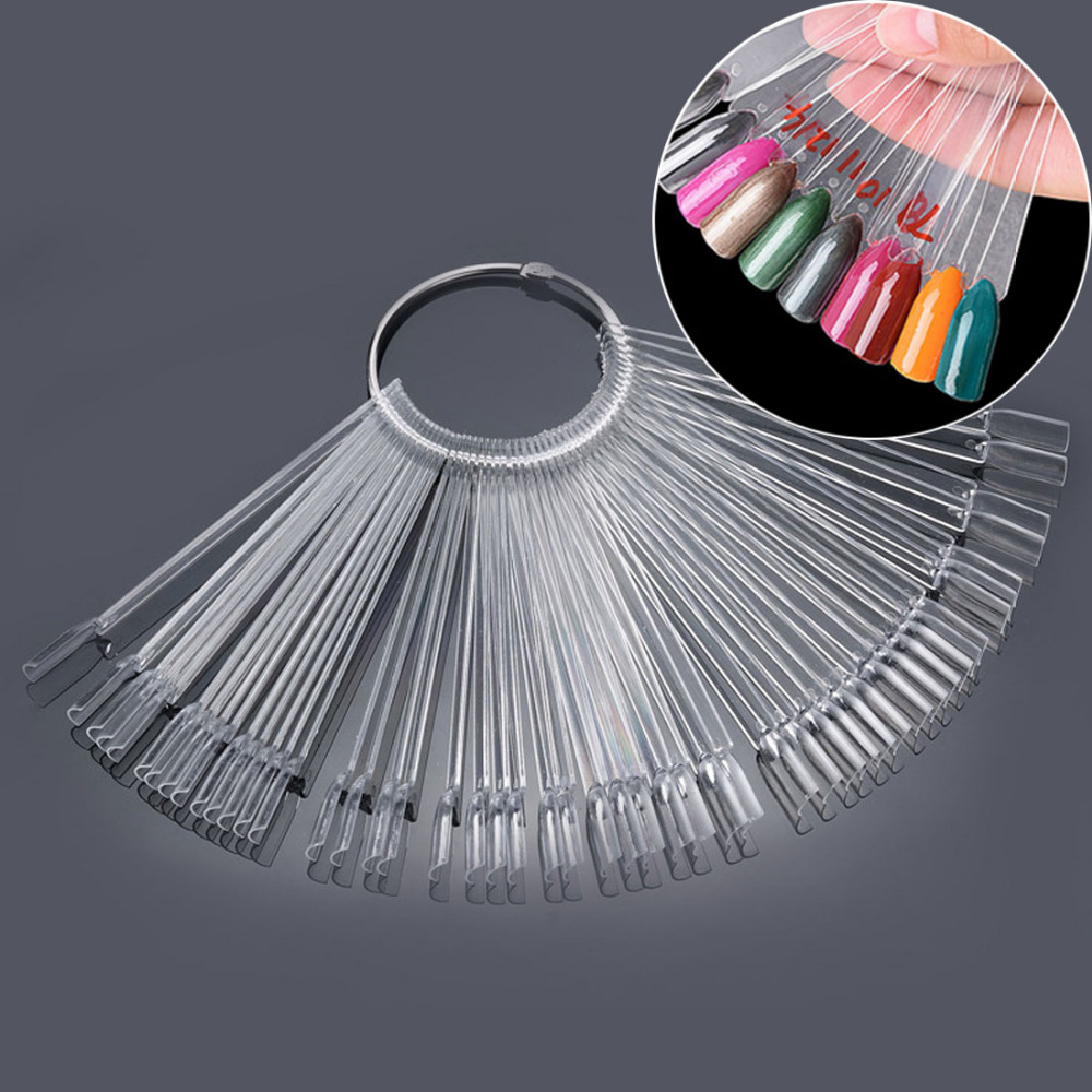 Best 50pcs Nail Polish UV Gel Display False Tips Fan Shaped with Loop Fake Nail Art Color Stickers Foldable Salon Practice Tool