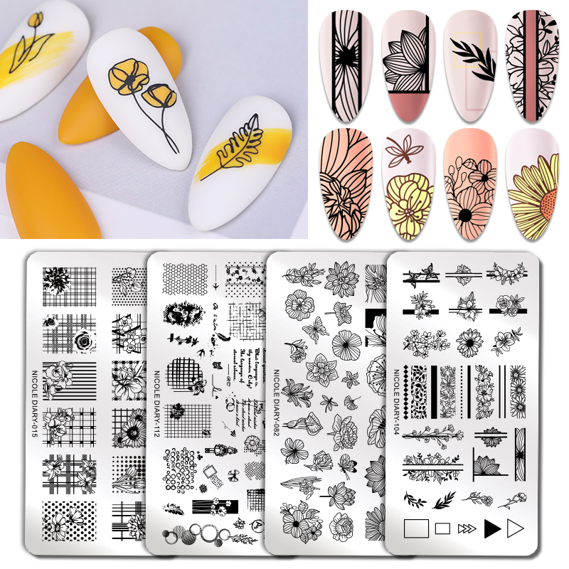 NICOLE DIARY Nail Art Stamping Plates Flower Festival Geometric Print Image Nail Designs Stainless Steel Stamp Nail Plate Templa