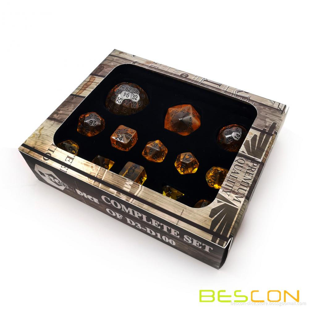 Bescon Super Glowing in Dark Complete Polyhedral RPG Dice Set 13pcs D3-D100, Role Playing Dice Set Amber and Luminous