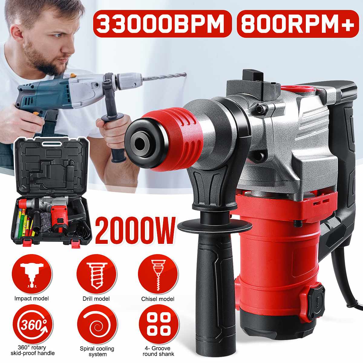 Electric Rotary Hammer 2000W Multifunction Electric Hammer Impact Power Drill Tool Kits 33000BPM 220V Powerful Hammer